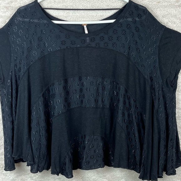 FREE PEOPLE Boho Flower Knit Tri-cot Black Oversized Flowy Tunic Top XS  (to XL) - Picture 3 of 13